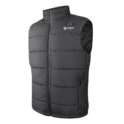 Black quilted sleeveless vest with stand collar, front zipper, chest logo patch, side pocket zipper, and small control button.