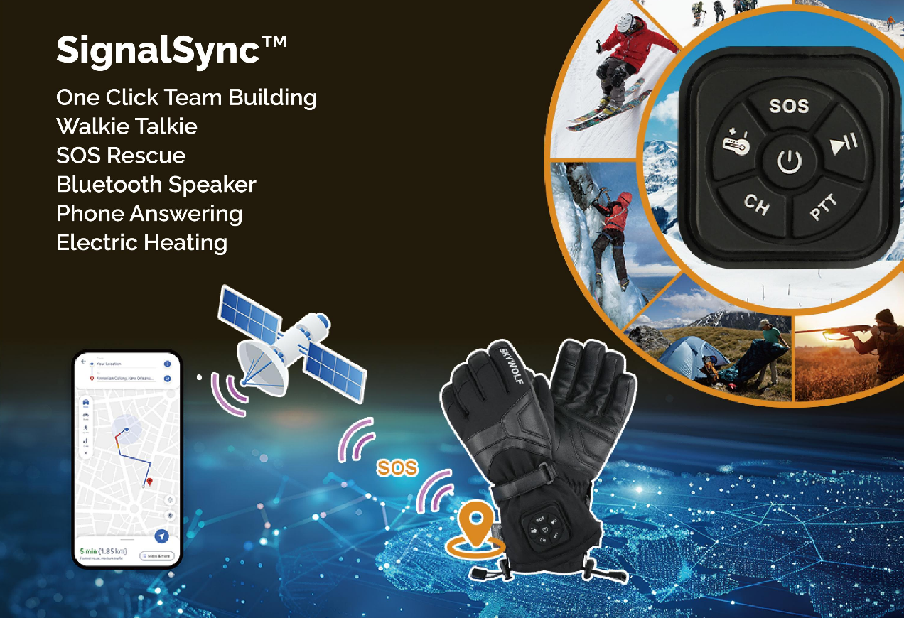 SignalSync heated gloves showing SOS rescue, walkie talkie and smart electric heating for winter outdoor use