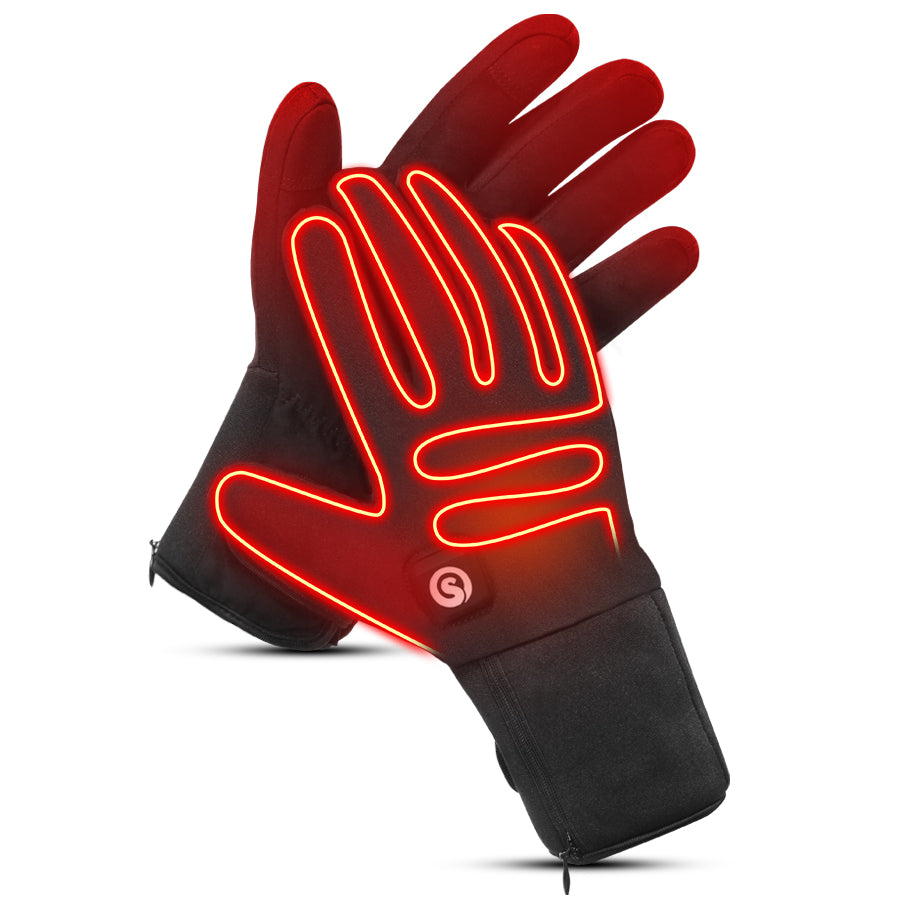 Black heated gloves with visible heating elements and a slim wrist battery pocket for cold-weather commuting.