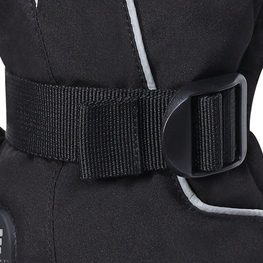 Adjustable wrist strap with a secure buckle on a black winter glove for a better fit and wind protection.