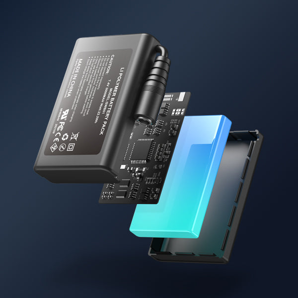 7.4V battery pack components including black battery cell, PCB circuit board, and turquoise housing for heated gloves wholesale