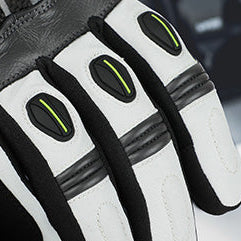 Close-up of protective finger panels on heated motorcycle gloves.