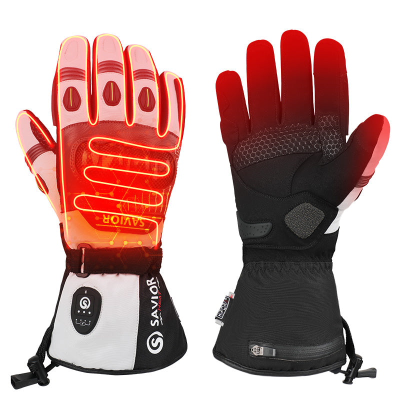 SAVIOR HEAT heated motorcycle gloves with visible heating elements and non-slip palm for winter riding.