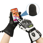 Touchscreen-compatible heated motorcycle gloves using a phone, showing the fingertip sensor detail.