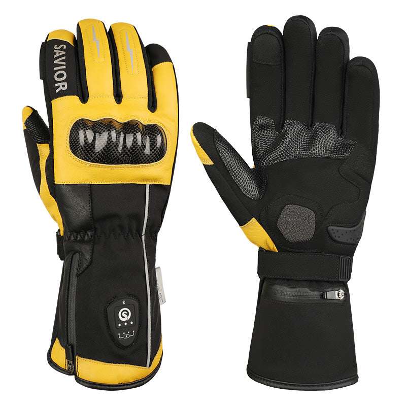 SAVIOR HEAT heated motorcycle gloves with leather material, knuckle protection, touchscreen palm grip, and battery-powered heating control.
