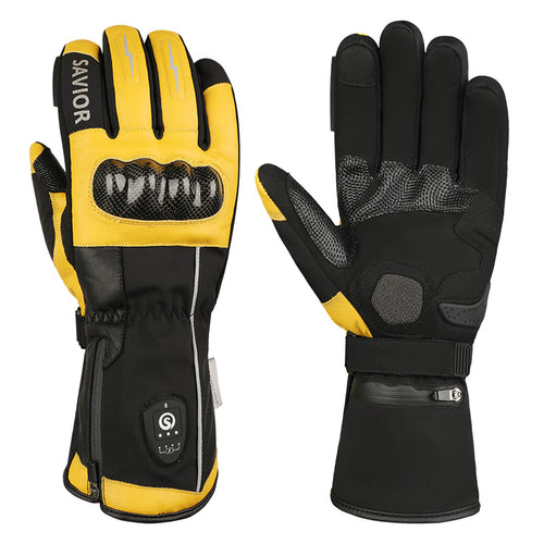SAVIOR HEAT heated motorcycle gloves with leather material, knuckle protection, touchscreen palm grip, and battery-powered heating control.