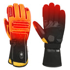 SAVIOR HEAT heated motorcycle gloves with bright heating zones, reinforced knuckle protection, touchscreen grip design, and battery-powered warming function.