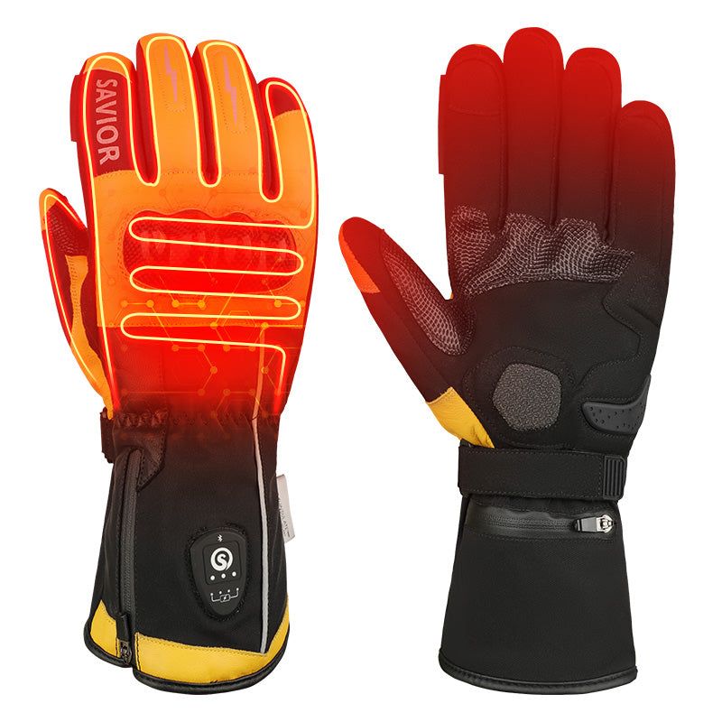 SAVIOR HEAT heated motorcycle gloves with bright heating zones, reinforced knuckle protection, touchscreen grip design, and battery-powered warming function.