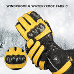 SAVIOR HEAT heated motorcycle gloves showing windproof and waterproof performance in snowy outdoor conditions.