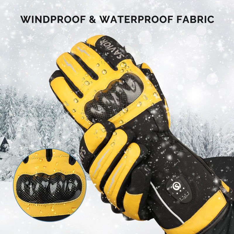 SAVIOR HEAT heated motorcycle gloves showing windproof and waterproof performance in snowy outdoor conditions.