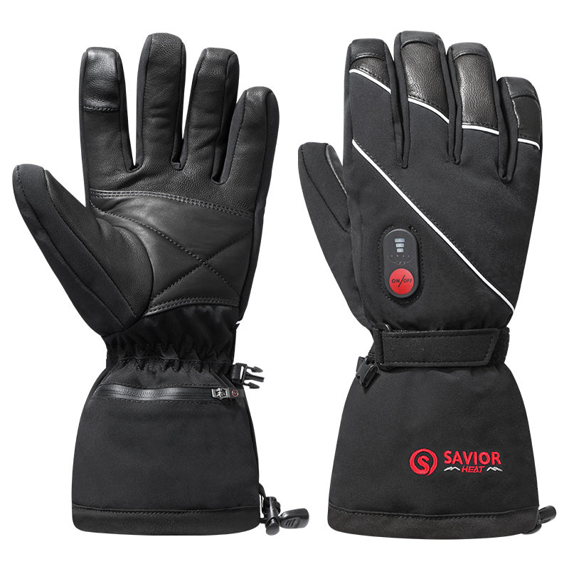 Black heated ski gloves with leather palm, waterproof design, long cuff and three-level heating button, shown front and back