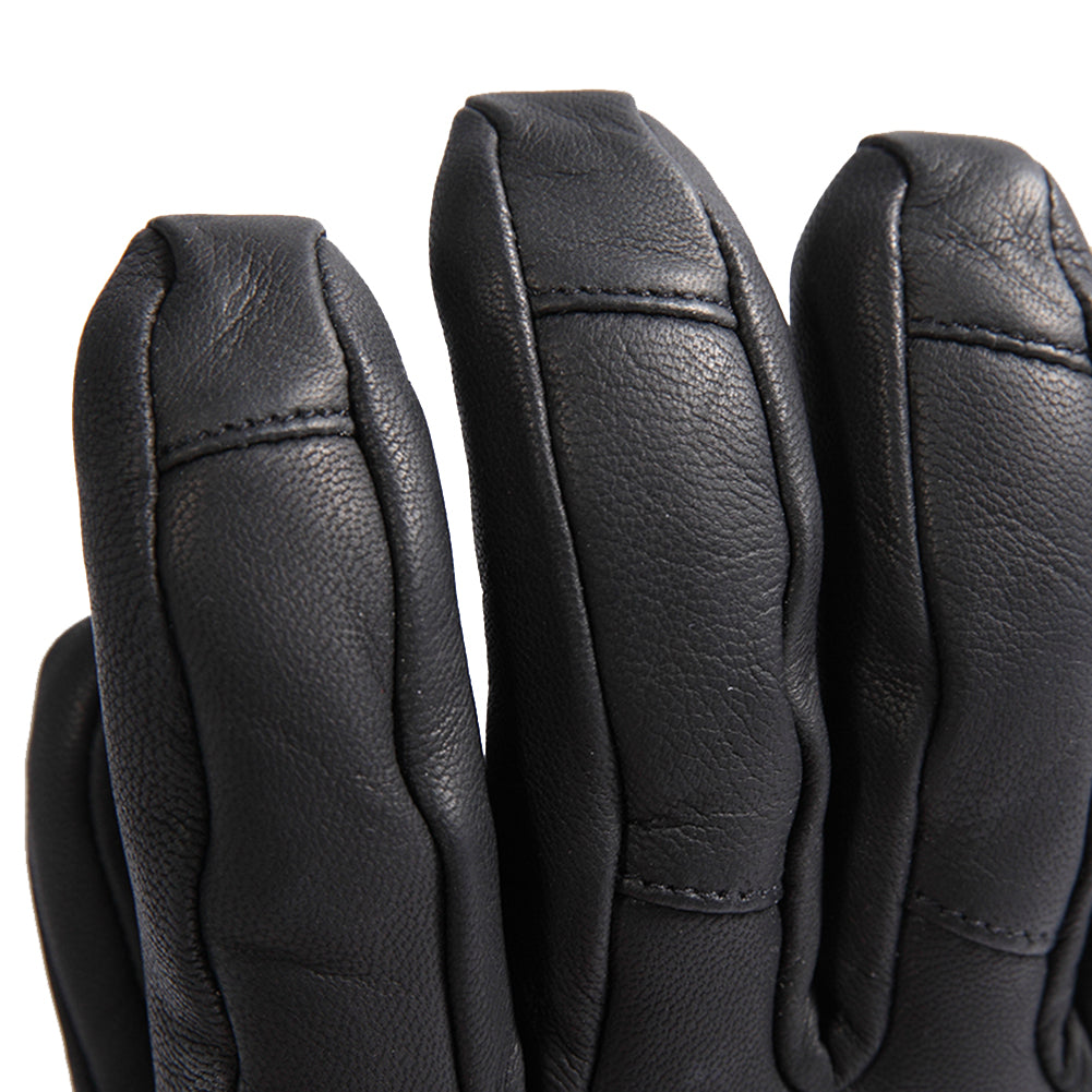 Black leather gloves featuring reinforced stitching and padded finger sections for enhanced durability and comfortable wear.