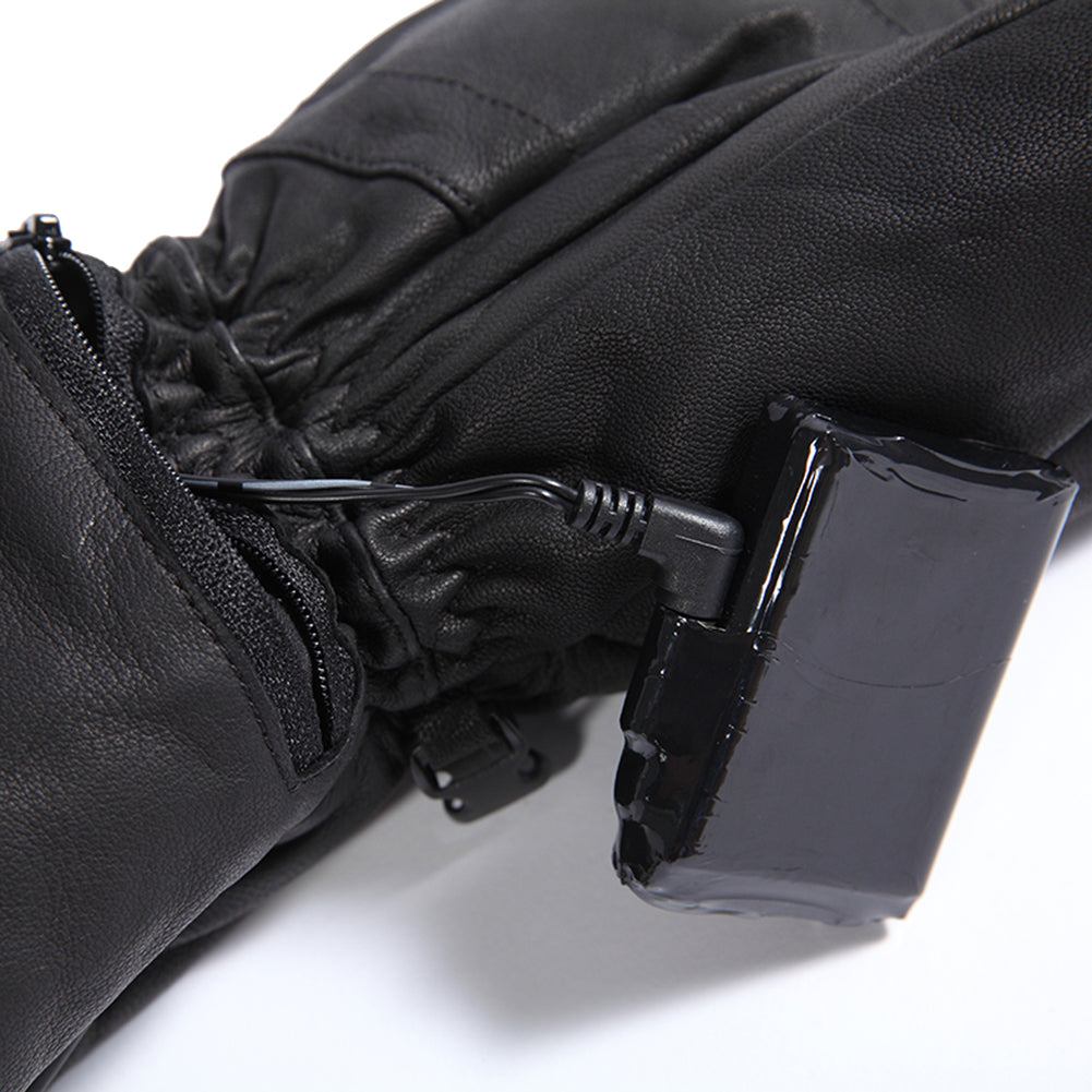 Black leather gloves with a wrist-mounted heating element, adjustable zipper, and elastic drawstring for customizable warmth and secure fit