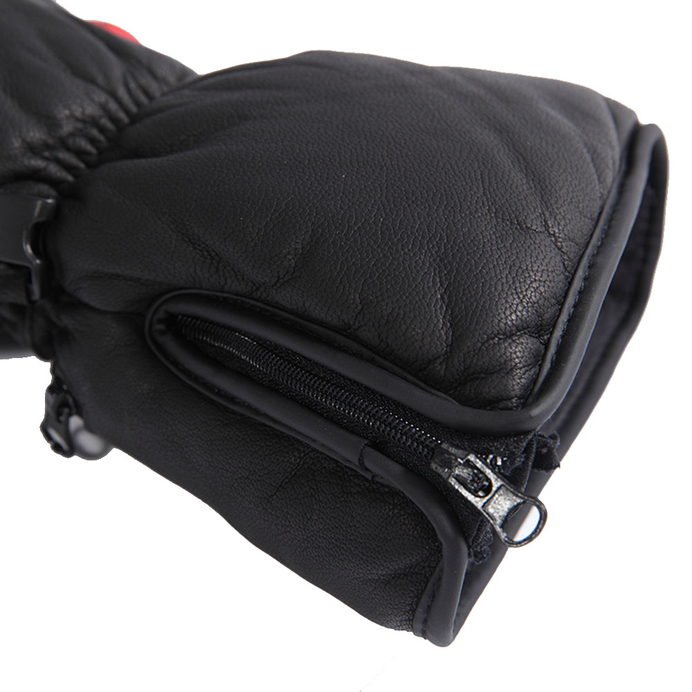 Black leather mittens with a zippered wrist closure and elastic drawstring for adjustable fit and enhanced warmth