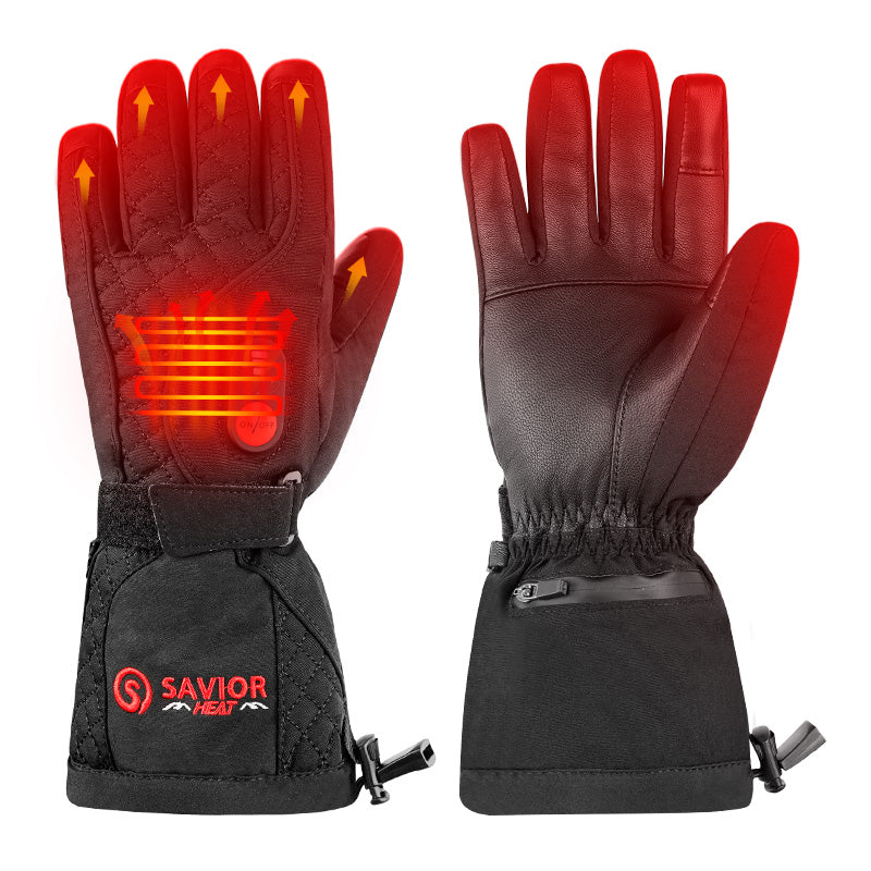 Heated gloves showing warmth across fingers and back-of-hand, with leather palm and adjustable wrist strap for cold-weather use