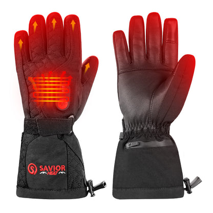 Heated gloves showing warmth across fingers and back-of-hand, with leather palm and adjustable wrist strap for cold-weather use