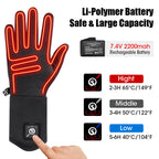 Heated gloves showing heating zones and 7.4V rechargeable battery with adjustable high, medium, and low heat settings.