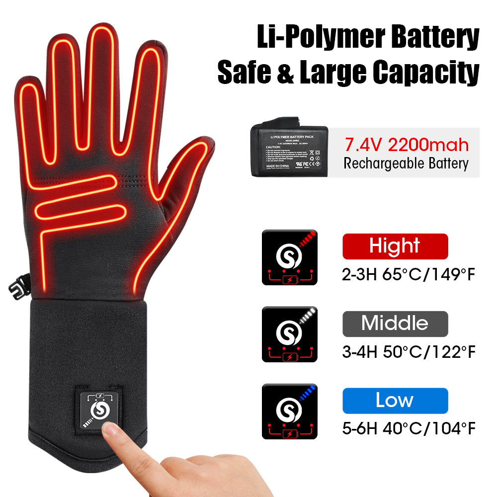 Heated gloves showing heating zones and 7.4V rechargeable battery with adjustable high, medium, and low heat settings.