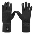 Black electric heated gloves with touch-screen fingertips and waterproof battery pocket for winter outdoor use.