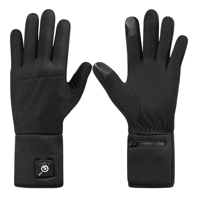 Black electric heated gloves with touch-screen fingertips and waterproof battery pocket for winter outdoor use.