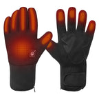 Black heated gloves with visible heating elements and a slim wrist battery pocket for cold-weather commuting.