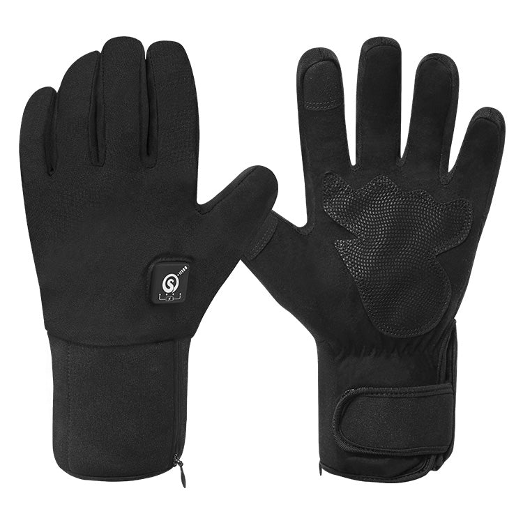 Black heated gloves with a lightweight design, touchscreen-friendly fingertips, and a slim wrist battery pocket for winter commuting