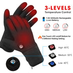 Black heated gloves showing red heating zones with three-level temperature control and an LED button indicator.