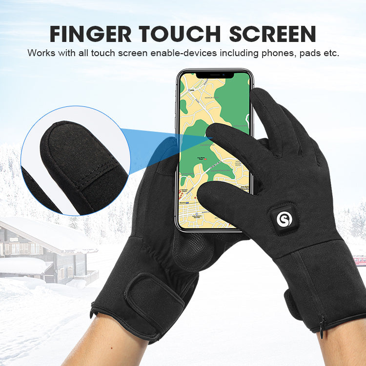 Black heated gloves with a touchscreen-friendly fingertip being used to operate a smartphone outdoors in winter.