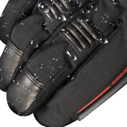 Heated glove showing finger and palm heating elements for cold-weather motorcycle riding
