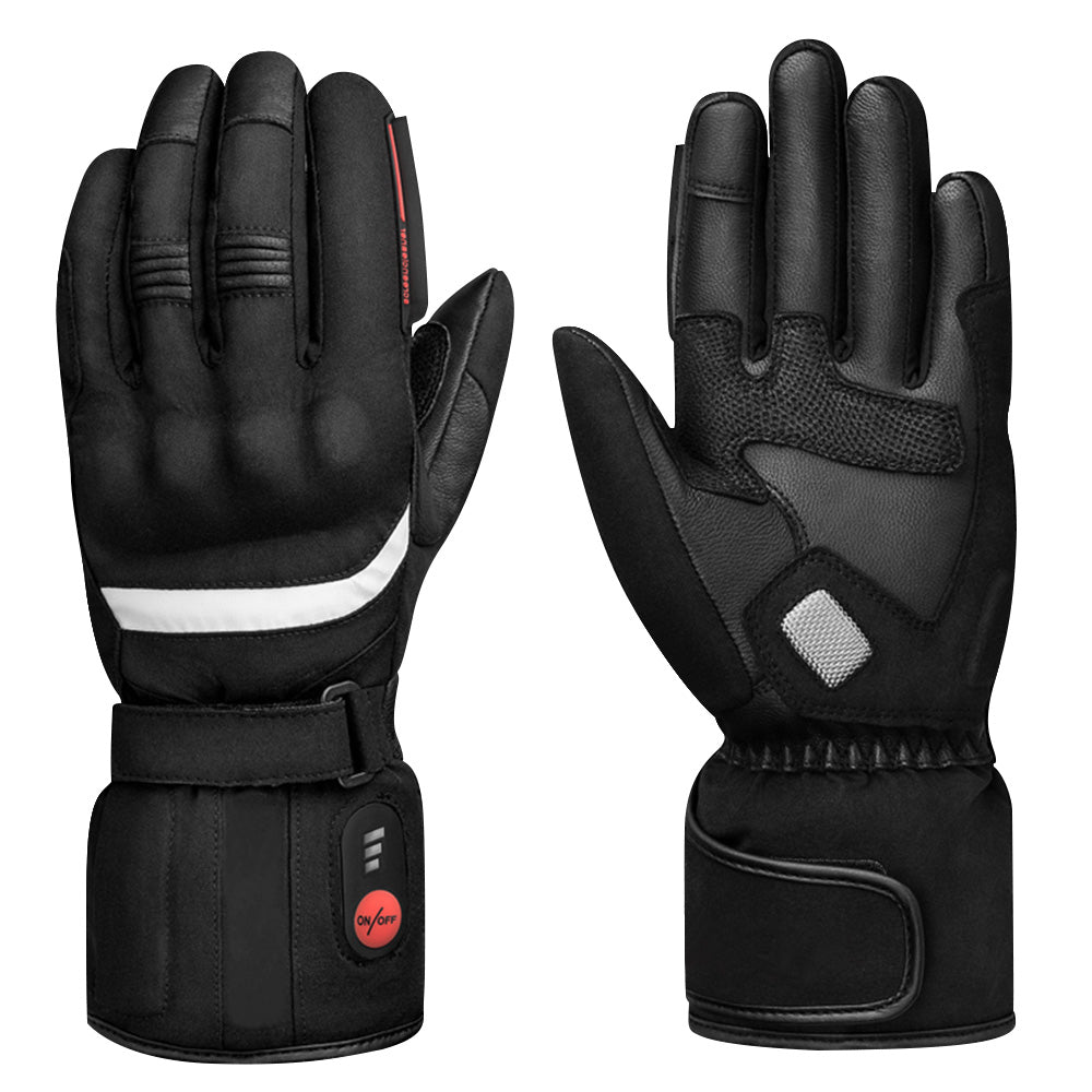 Black heated motorcycle gloves with protective padding, adjustable wrist strap, and anti-slip palm design.