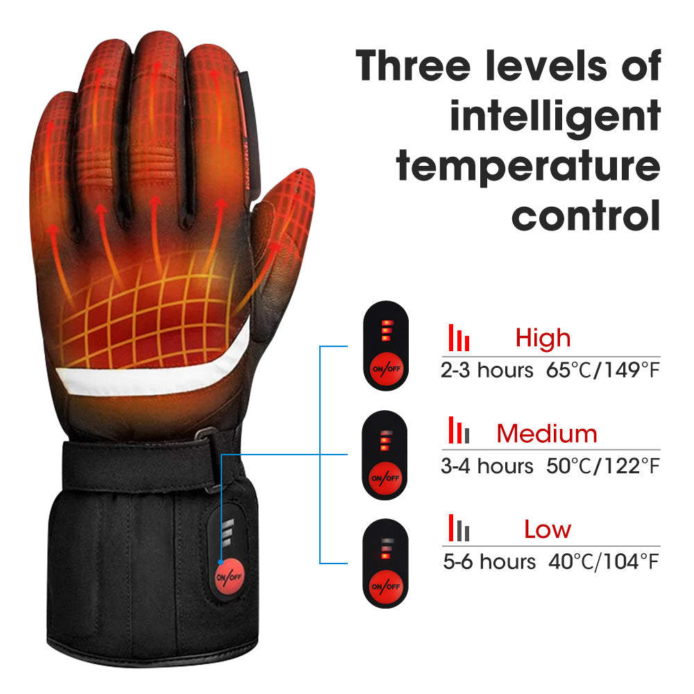 Heated glove with visible warming zones and a three-level temperature control display showing high, medium, and low heat settings.