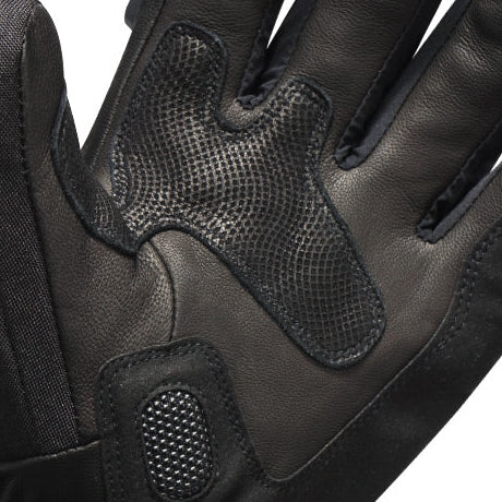 Palm view of motorcycle heated gloves showing enhanced grip patches for secure control.