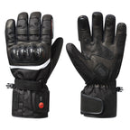 Black heated motorcycle gloves with a protective knuckle shell and reinforced palm.