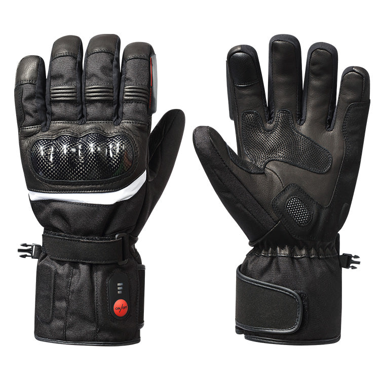 Black heated motorcycle gloves with a protective knuckle shell and reinforced palm.