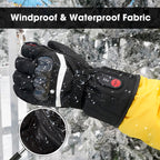 Black heated motorcycle glove shown shedding water droplets outdoors, highlighting its windproof and waterproof performance.