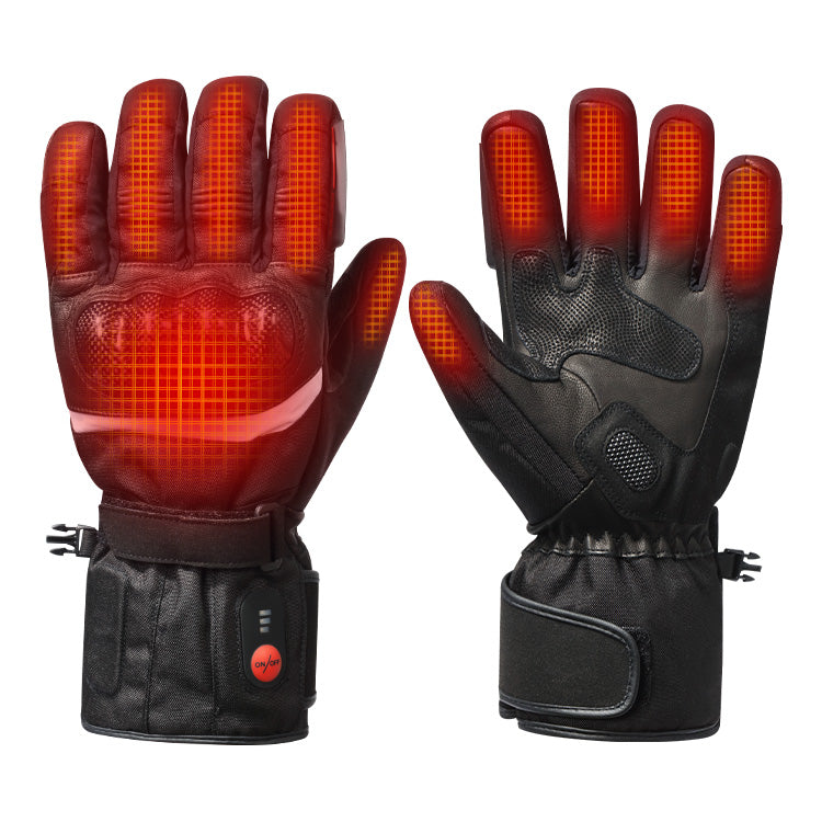 Black heated motorcycle gloves with visible heating zones on the fingers and back of the hand.