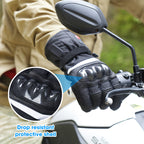 Heated motorcycle glove with a reinforced protective shell holding the handlebar during outdoor riding.
