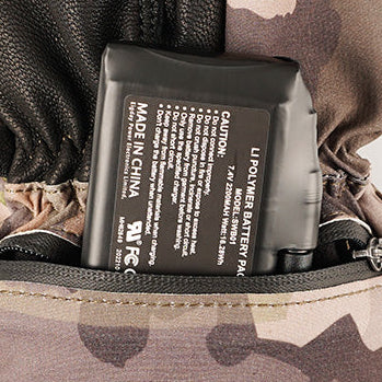 Close-up of a rechargeable Li-polymer battery inside heated gloves.