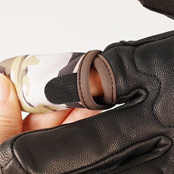 Close-up of heated gloves finger loop for easy pull-on design.