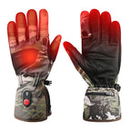 Camo electric heated gloves showing finger heating zones for winter outdoor use.
