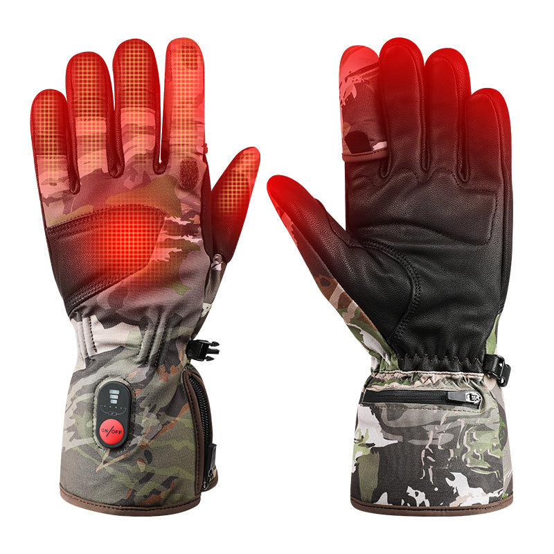 Camo electric heated gloves showing finger heating zones for winter outdoor use.