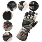 Camo electric heated gloves with waterproof design, touch-screen fingers and battery pocket for winter outdoor use.