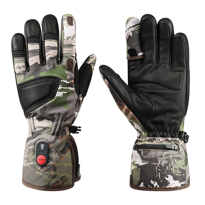 Camo heated gloves with waterproof design and electric heating for outdoor winter use.