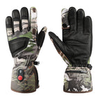 Camo heated gloves with waterproof design and electric heating for outdoor winter use.