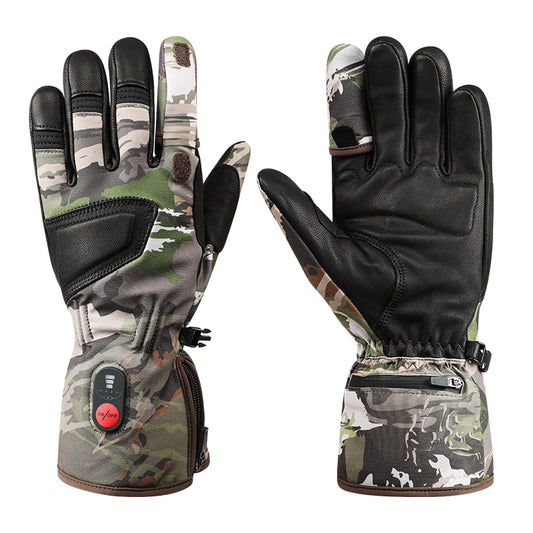 Camo heated gloves with waterproof design and electric heating for outdoor winter use.