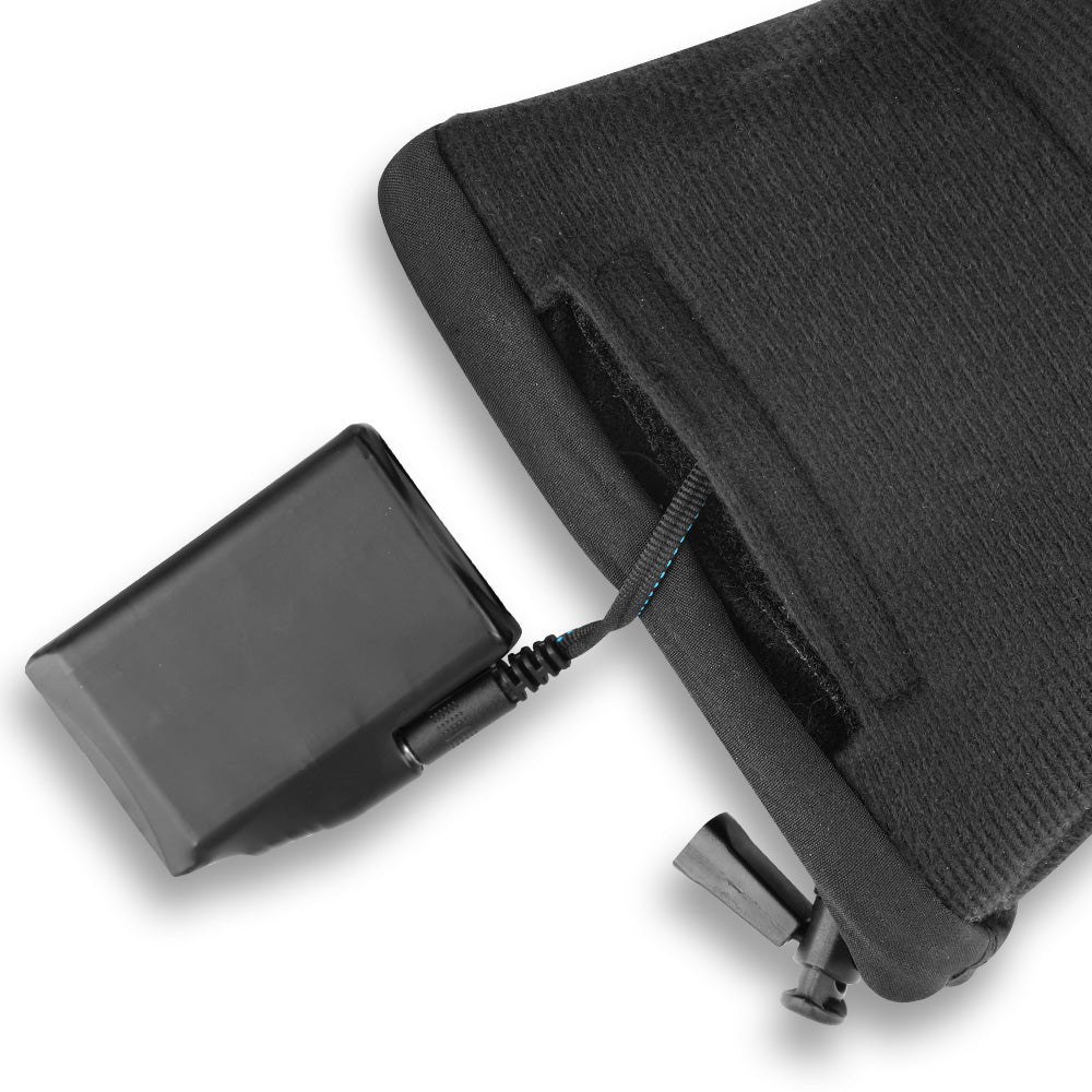 Rechargeable battery connecting to the glove’s inner pocket, showing the power slot and secure cable placement.