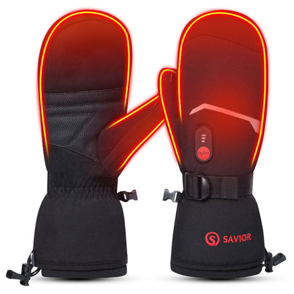 Black heated mittens with red glowing heating areas shown in front and back view, featuring wrist strap and Savior Heat logo.