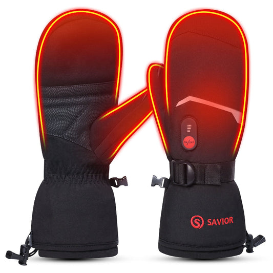 Black heated mittens with red glowing heating areas shown in front and back view, featuring wrist strap and Savior Heat logo.
