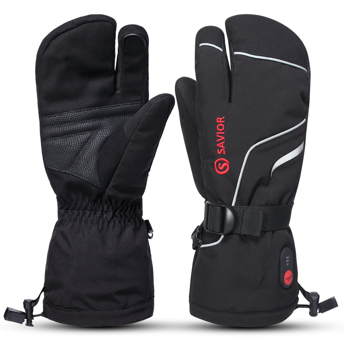 Black lobster-style heated ski gloves with reinforced palm, waterproof shell, and three-finger design for cold-weather skiing.