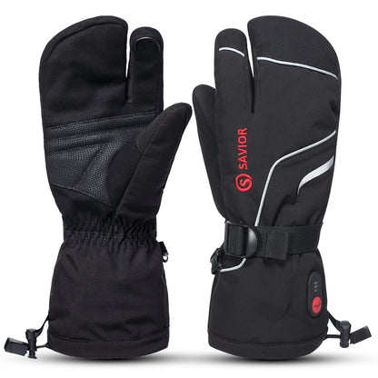 Black lobster-style heated ski gloves with reinforced palm, waterproof shell, and three-finger design for cold-weather skiing.